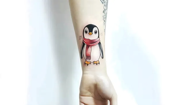 Süßes Pinguin-Tattoo mit rotem Schal auf Arm