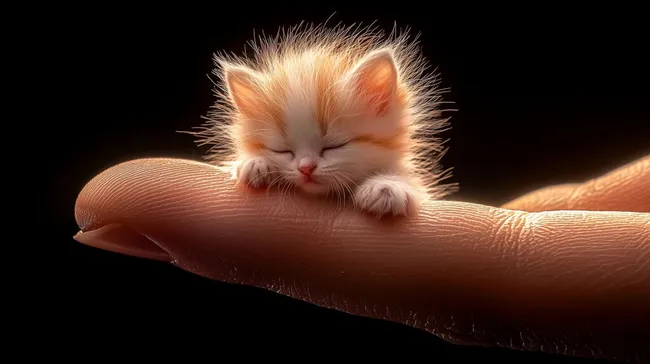 Süßes, schlafendes Kätzchen auf menschlicher Hand