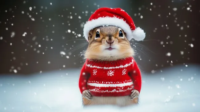 Süßes Streifenhörnchen im Weihnachtspullover im Schnee