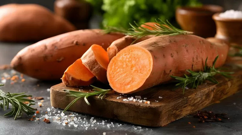 Süßkartoffeln auf Holzbrett mit Rosmarin
