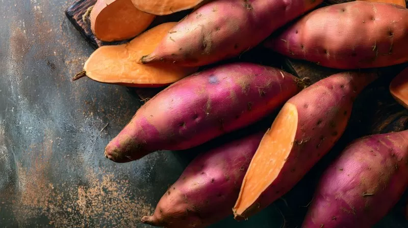 Süßkartoffeln roh auf Holzbrett mit Schnittfläche