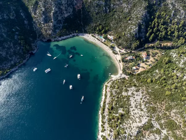 Summer holiday paradise on the Greek island of Skopelos: Limnonari bay seen with a drone