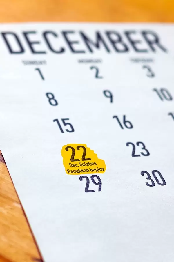 Sunday, December 22 highlighted on the calendar - Hanukkah beginning day