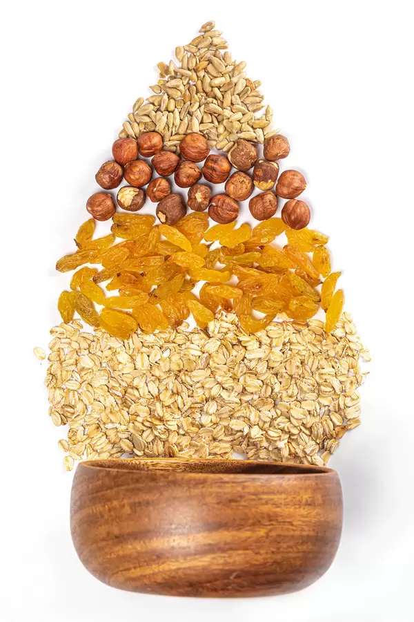 Sunflower seeds, hazelnuts, raisins and oatmeal - healthy food concept