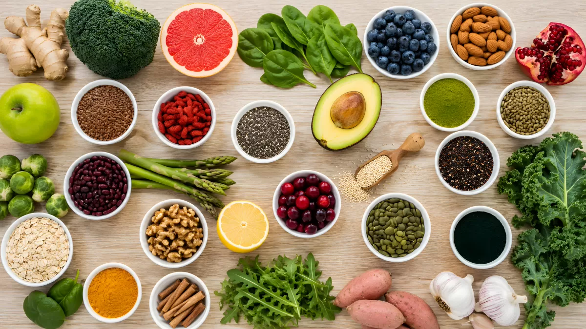 Superfoods und Gemüse als bunte Draufsicht-Flatlay