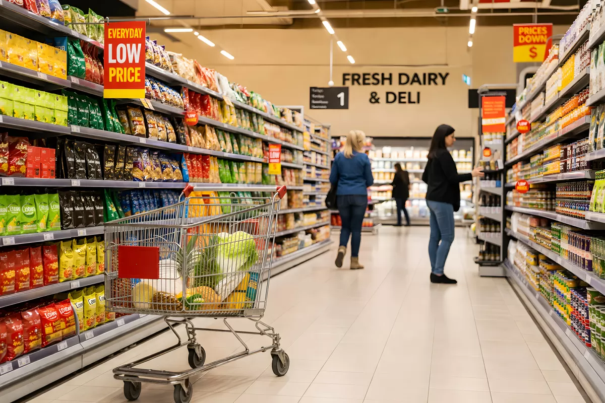 Supermarkt-Gang mit Einkaufswagen und Sonderangeboten