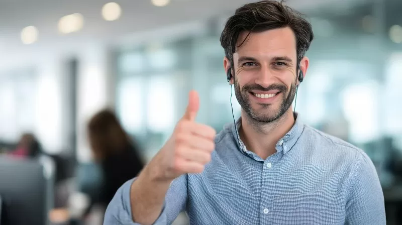 Support Agent zeigt Daumen hoch im Büro