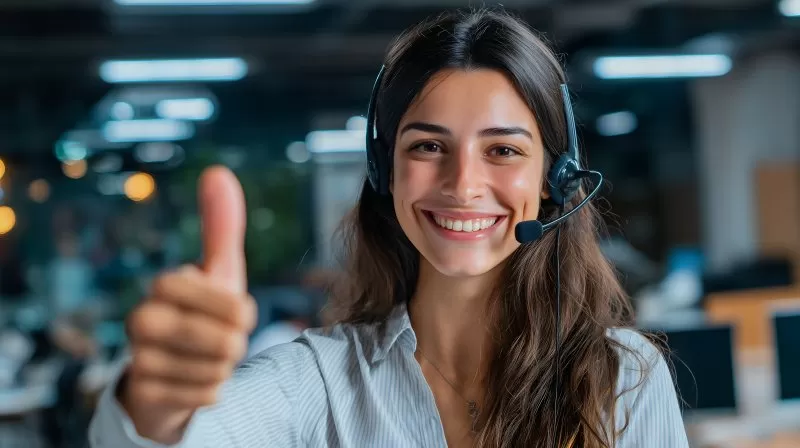 Support-Agentin mit Daumen hoch im Großraumbüro#