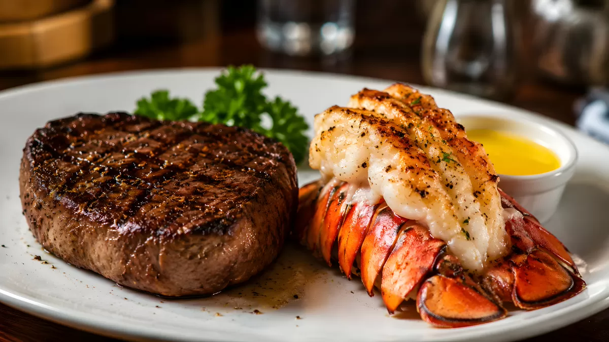 Surf and Turf mit Filet und Hummerschwanz auf Teller