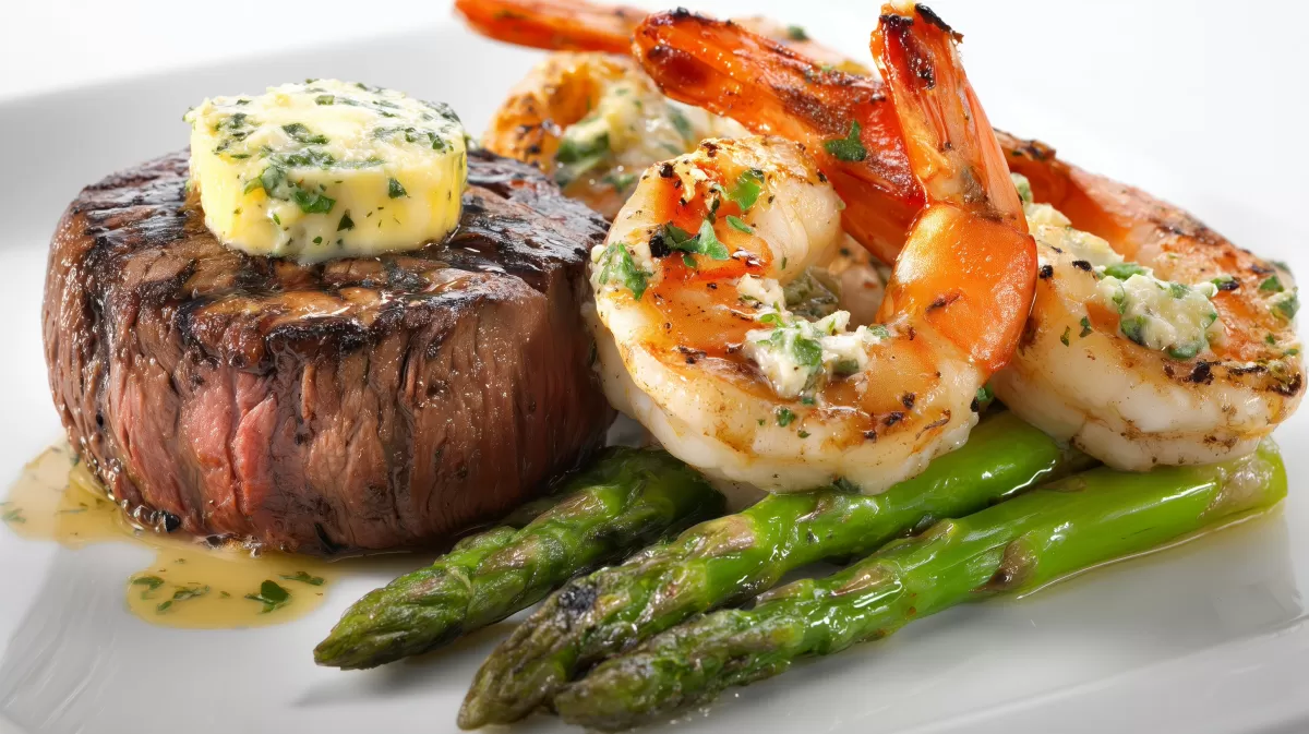 Surf and Turf vom Galloway Rind mit Garnelen und Spargel