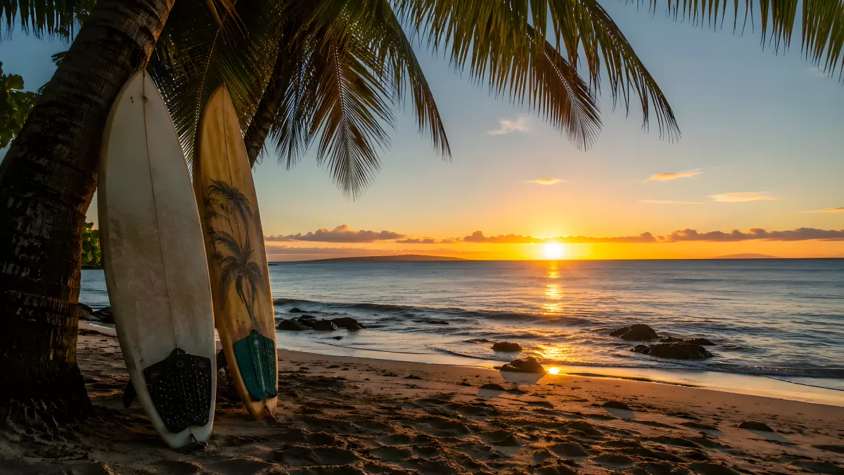 Surfbretter an Palme bei goldenem Sonnenuntergang