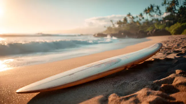 Surfen am tropischen Strand bei Sonnenaufgang