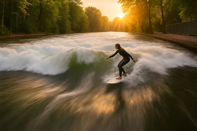 Surfen bei Sonnenuntergang am Eisbach in München