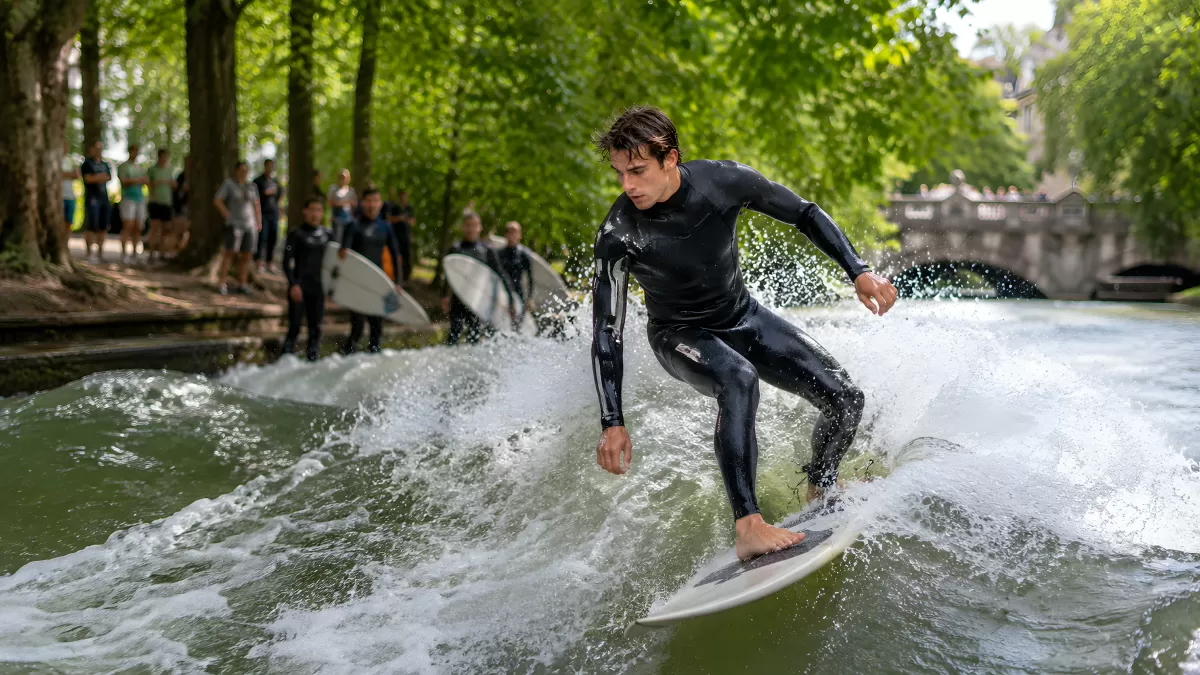 Surfer auf der Eisbachwelle im Englischen Garten München