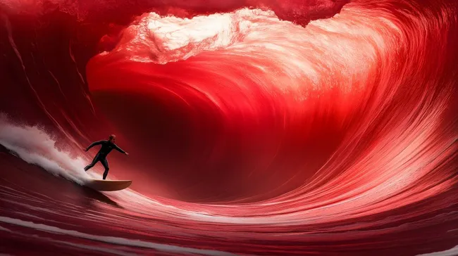 Surfer auf roter Riesenwelle im Sonnenuntergang