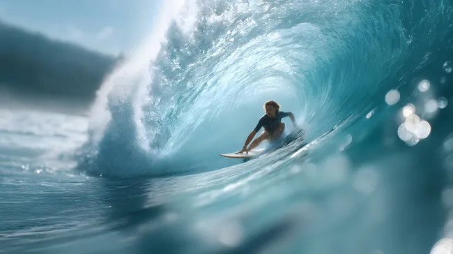 Surfer auf spektakulärer Riesenwelle im Sonnenlicht