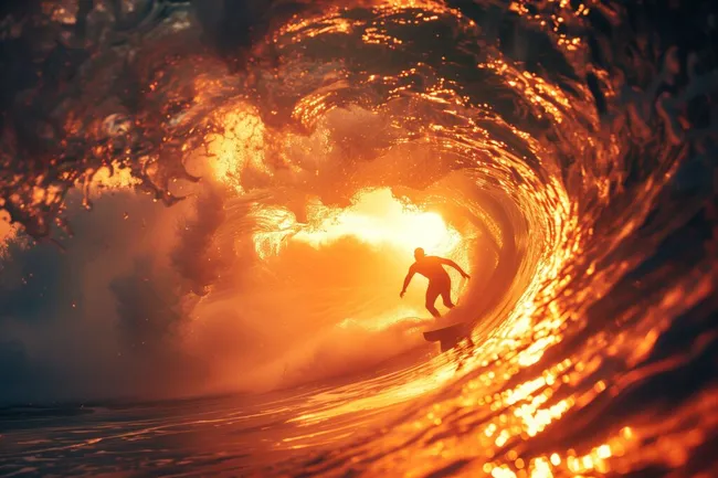 Surfer in feuriger Meereswoge bei Sonnenuntergang