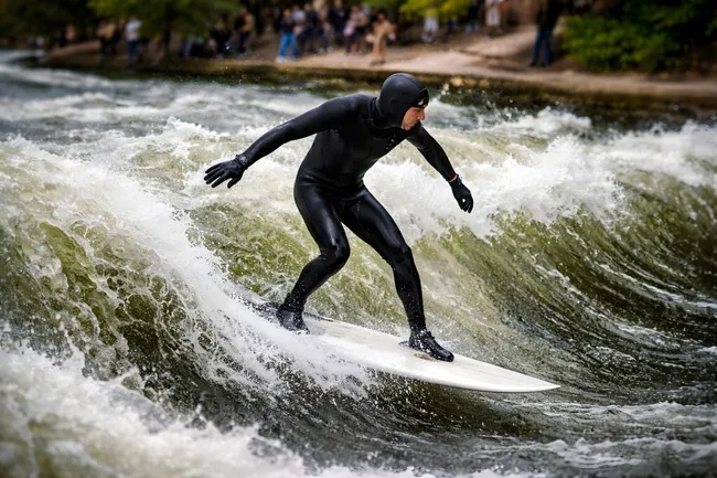 Surfer in schwarzem Neoprenanzug auf Eisbachwelle in München