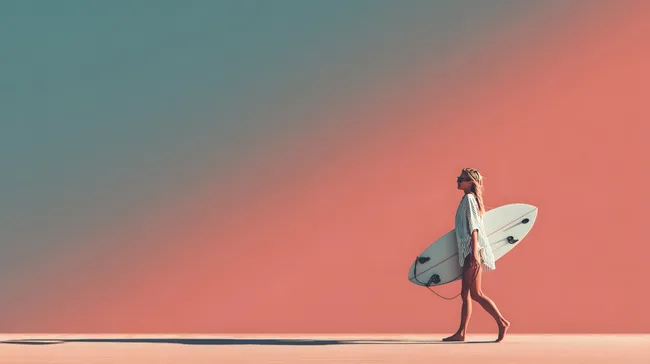 Surfer mit Surfbrett vor buntem Abendhimmel