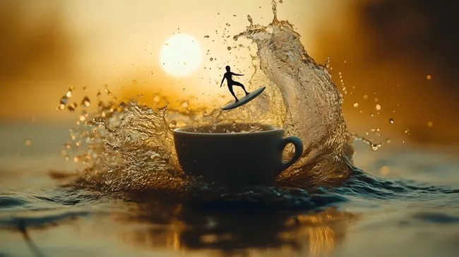 Surfer reitet eine Kaffeewelle bei Sonnenuntergang