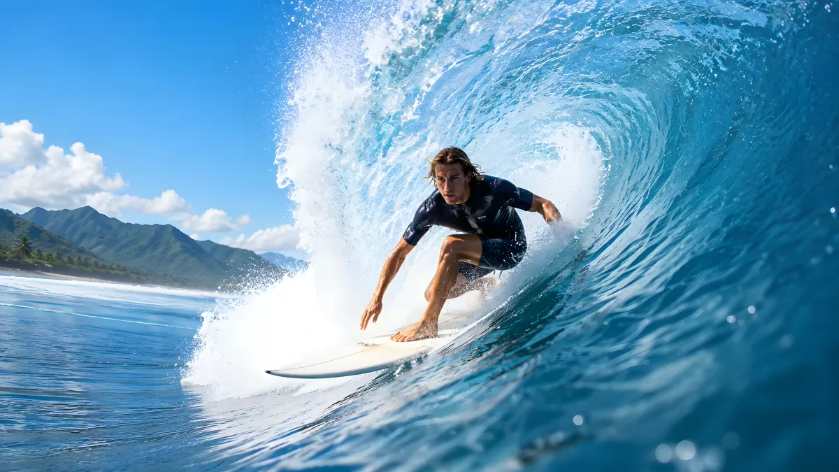 Surfer reitet eine mächtige Welle im Barrel