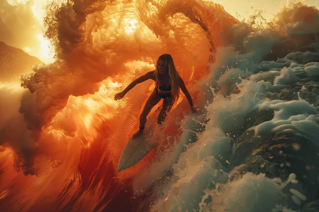 Surfer reitet rote Welle bei Sonnenuntergang