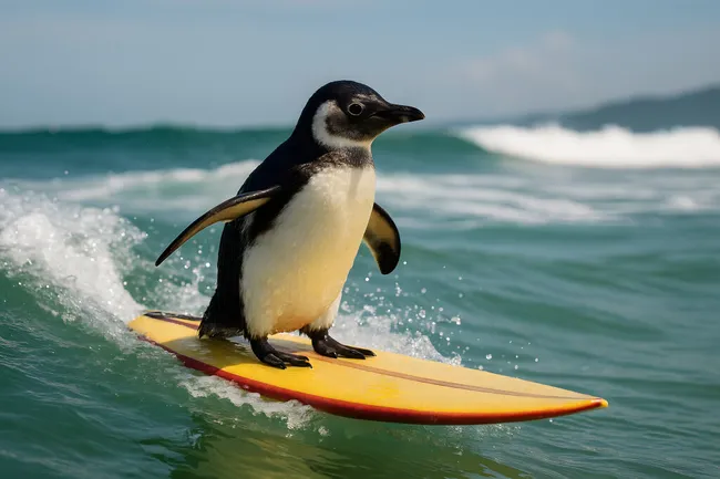 Surfspaß des mutigen Pinguins auf der Welle