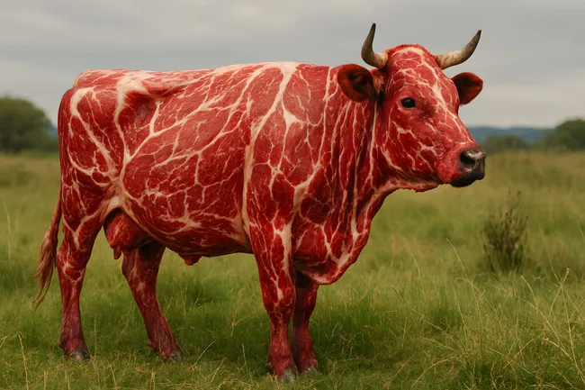 Surreal fleischiges Rind auf grüner Wiese