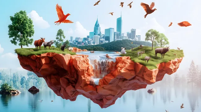 Surreale Fantasielandschaft mit Stadt und Tieren