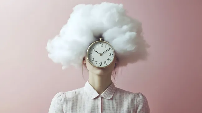 Surreale Frau mit Uhr und Wolkenkopf