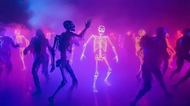 Surreale Halloween-Tanzparty mit leuchtenden Skeletten