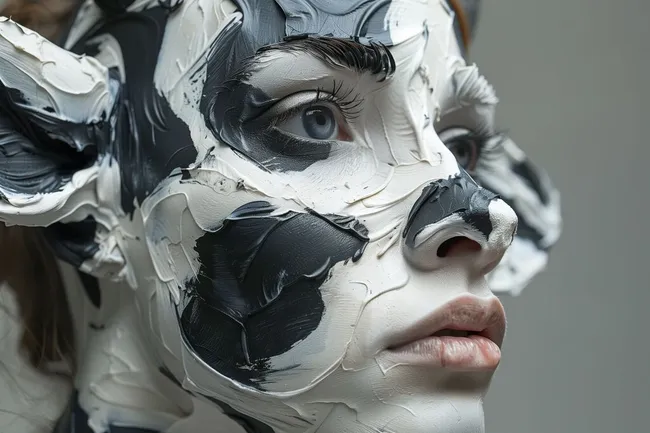 Surreale Kuh-Frau-Malerei in Schwarz und Weiß