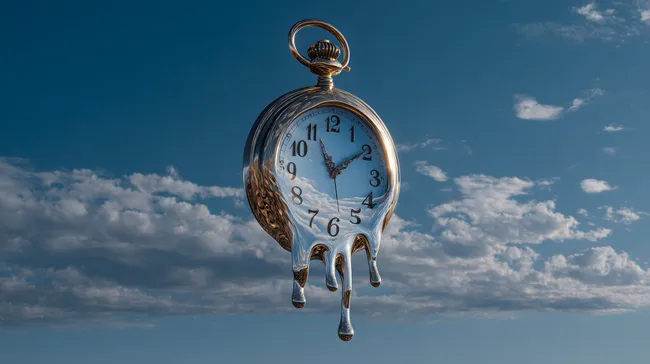 Surreale schmelzende Taschenuhr am Himmel
