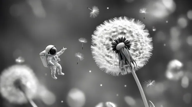 Surreale Szene mit Astronaut und Pusteblume in Schwarzweiß