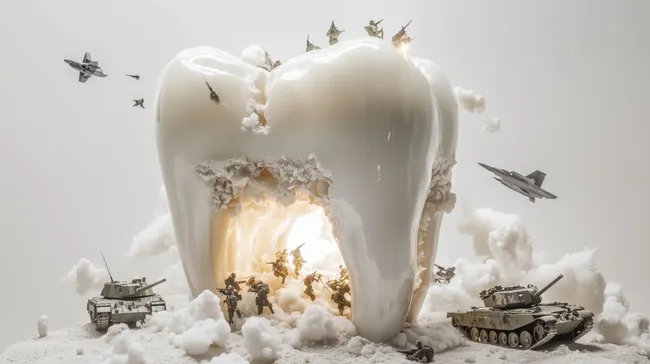 Surreale Zahnkriegs-Szenerie mit Panzern und Flugzeugen