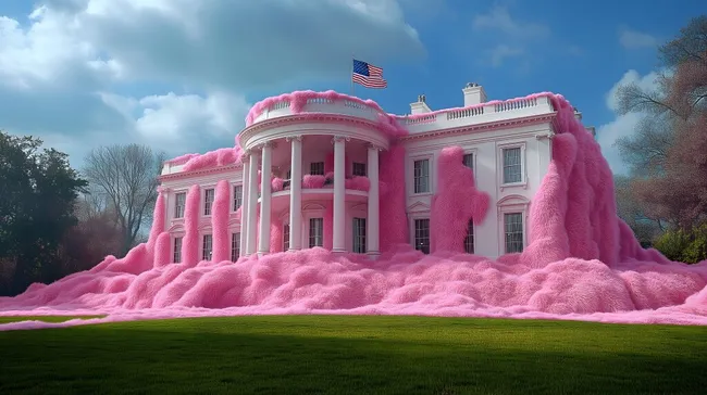Surreales, rosafarbenes Präsidententhaus mit flauschiger Fassade