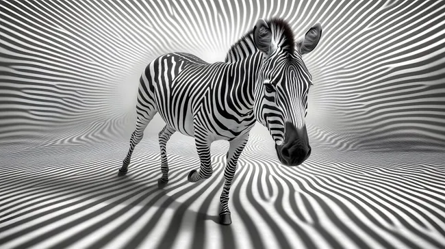Surreales Zebra vor grafischem Streifenmuster