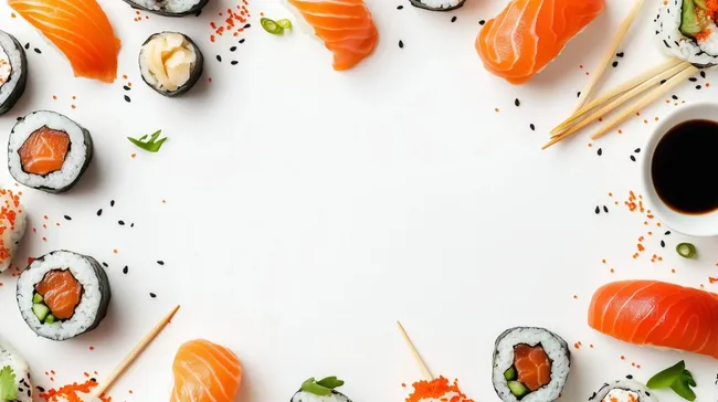 Sushi-Auswahl mit Lachsrollen und Sojasauce