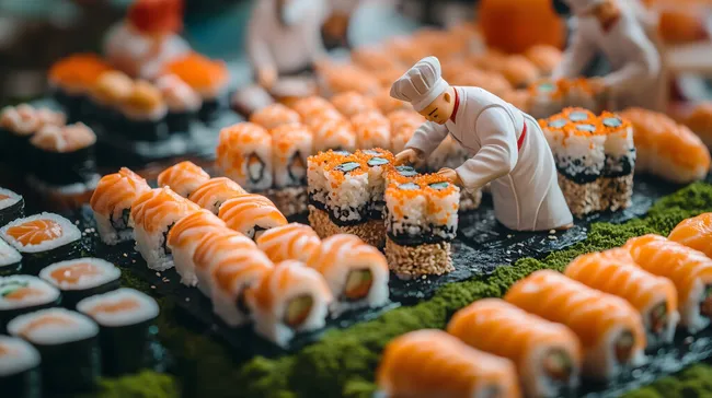 Sushi-Koch richtet dekorative Sushi-Platte an