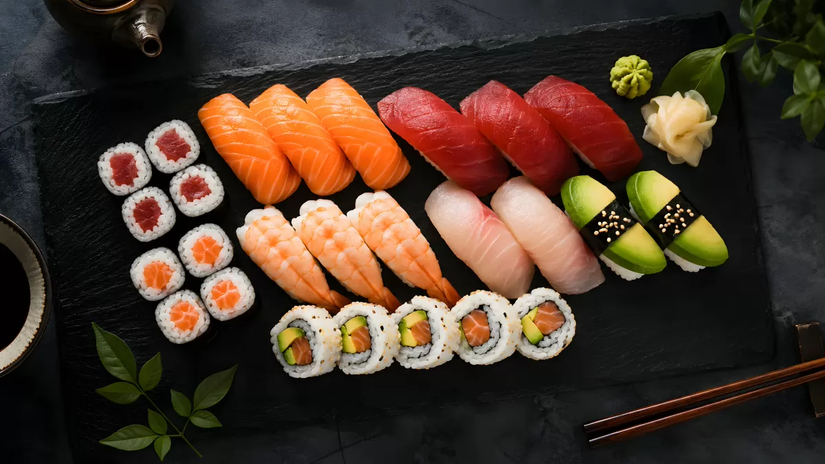 Sushi-Platte mit Nigiri, Maki und Avocado-Rolle
