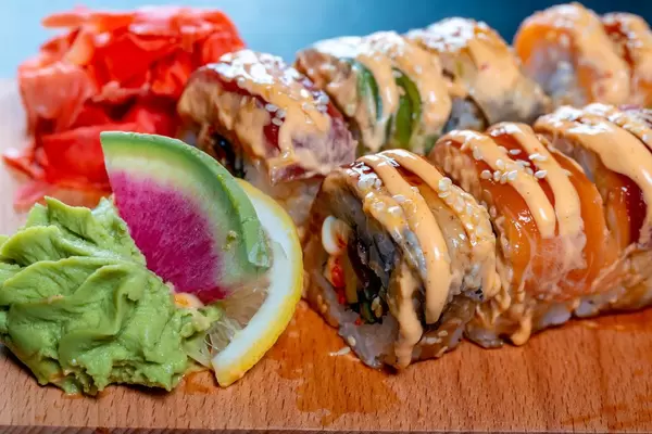 Sushi roll japanese food in restaurant.