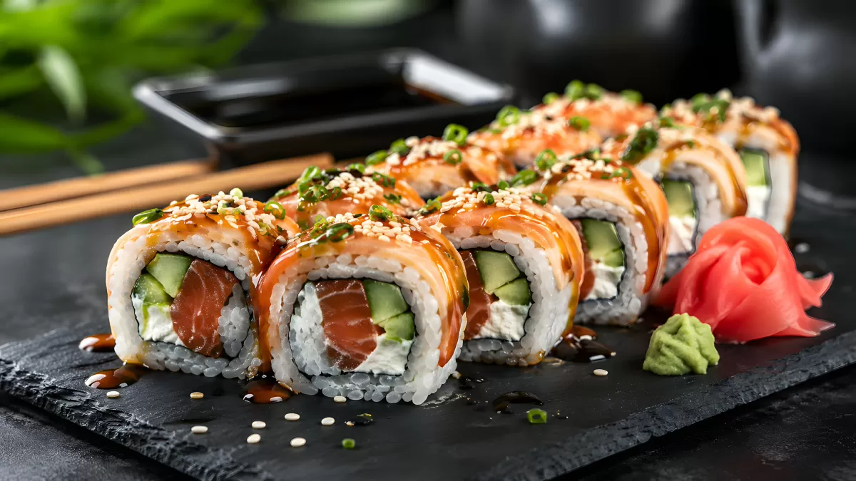 Sushi-Rollen mit Lachs, Avocado und Frischkäse