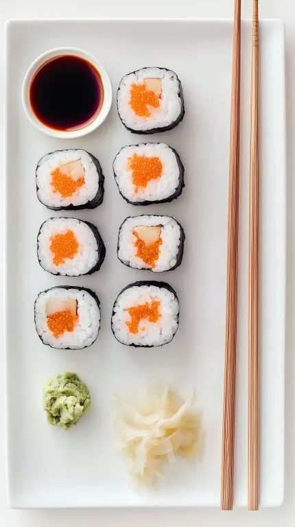 Sushi-Rollen mit Lachs und Wasabi auf weißem Teller