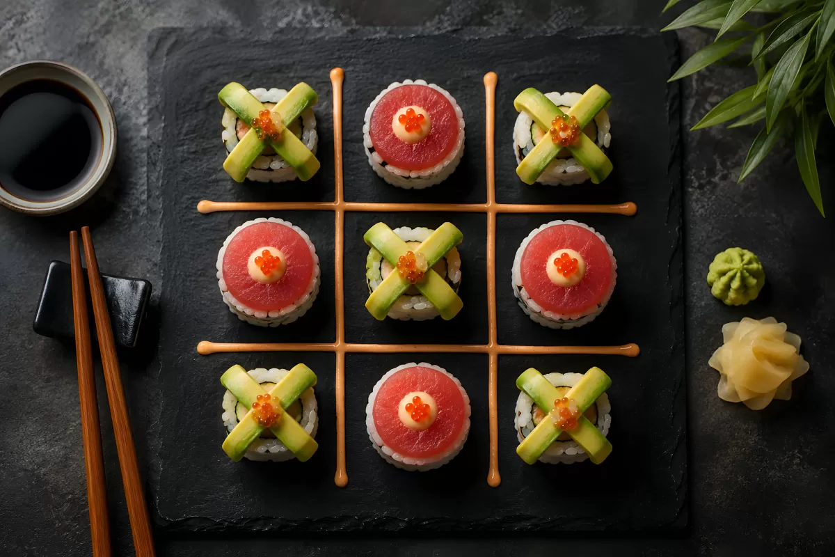 Sushi-Tic-Tac-Toe auf schwarzem Schieferboard