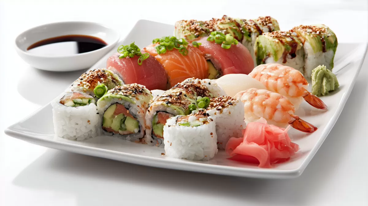 Sushi Variationen auf weißem Teller mit Sojasoße