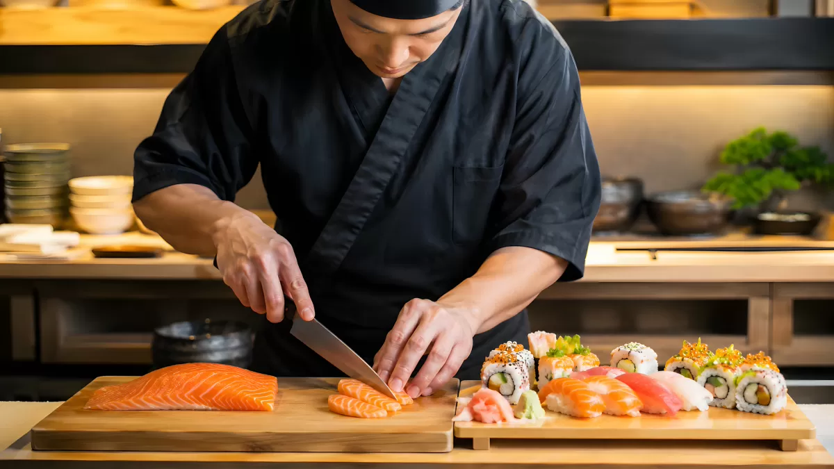 Sushikoch schneidet frischen Lachs in Restaurantküche