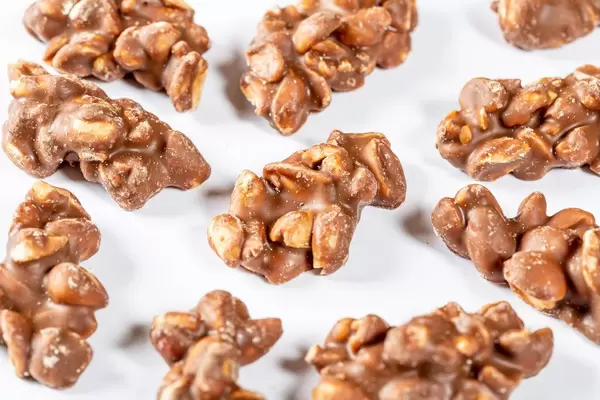 Süßigkeiten aus verschiedenen Nüssen und Schokolade vor weißem Hintergrund