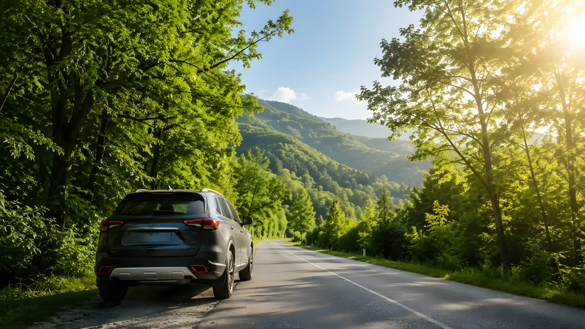 SUV auf Landstraße inmitten grüner Berglandschaft