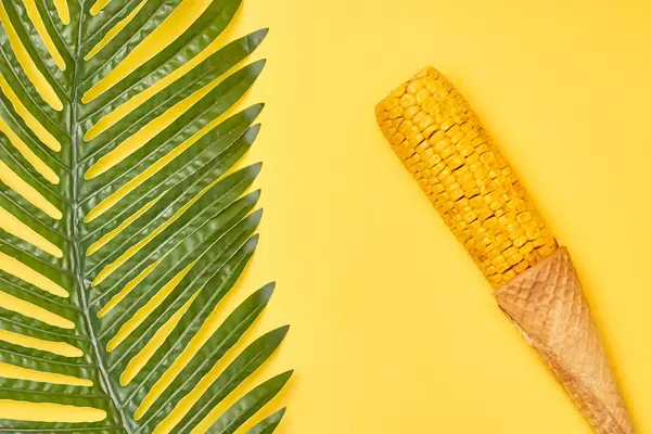 Swing of corn in ice cream waffle cone on yellow