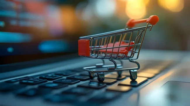 Symbolbild: Einkaufswagen auf Laptop-Tastatur für Online-Shopping